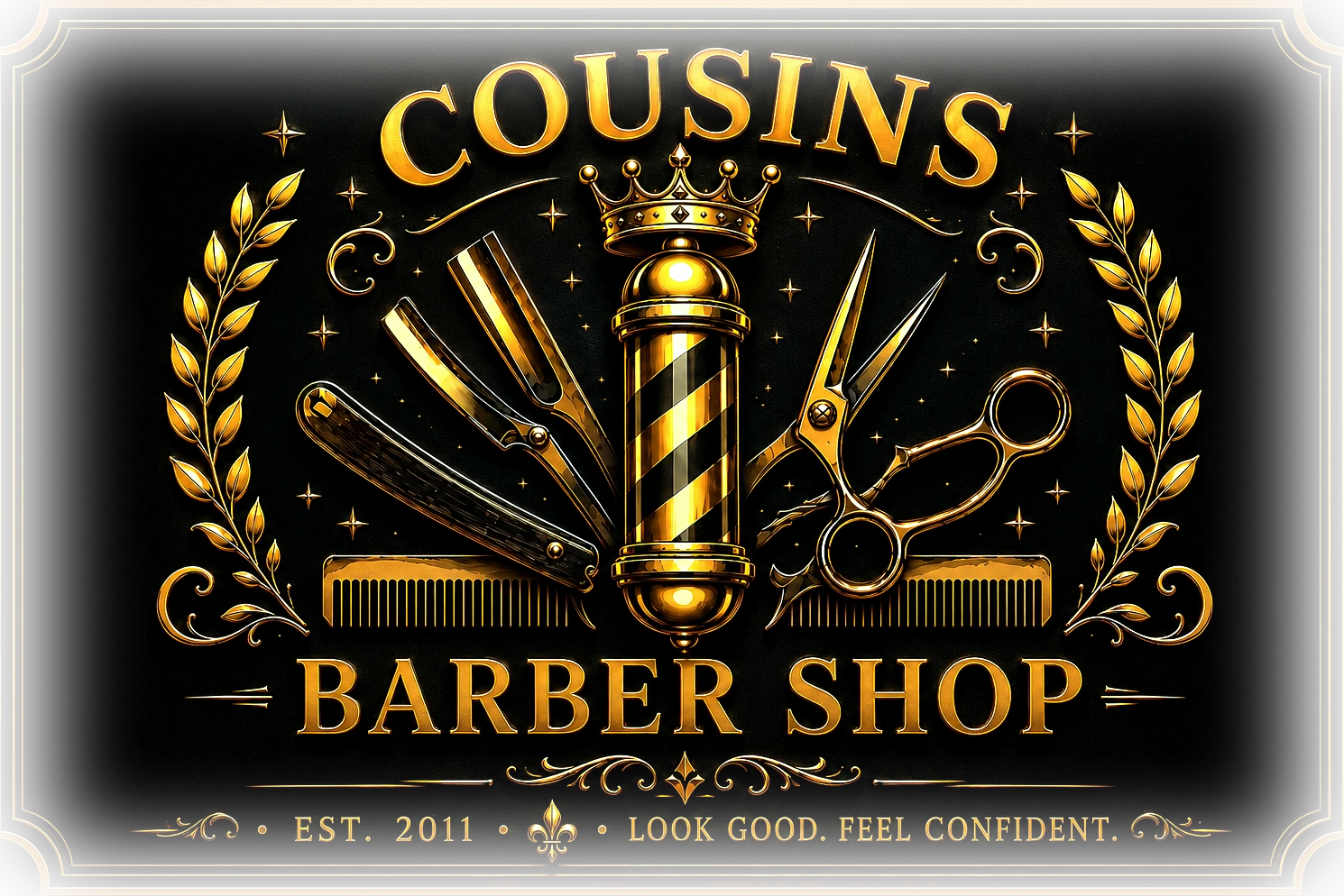 The Cousins Barber Shop — black and gold vintage barber emblem